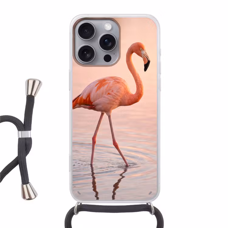 Flamingo - Water - Roze Hoesje iPhone 16 Pro Max met koord klein -3d