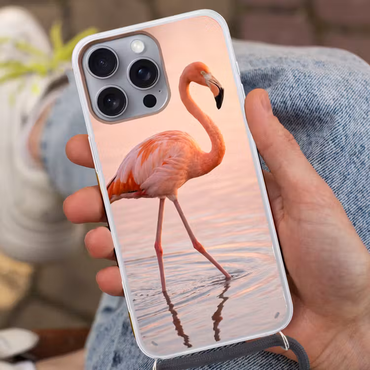 Flamingo - Water - Roze Hoesje iPhone 16 Pro Max met koord klein -sfeer3