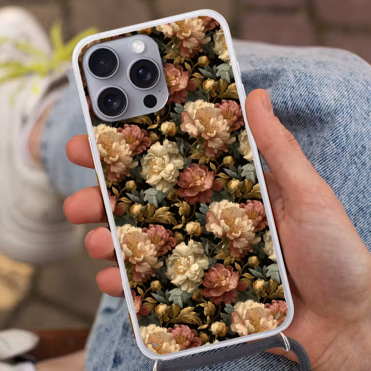 Bloemen - Barok - Patroon - Roze - Crème Hoesje iPhone 16 Pro Max met koord klein 804 -sfeer3
