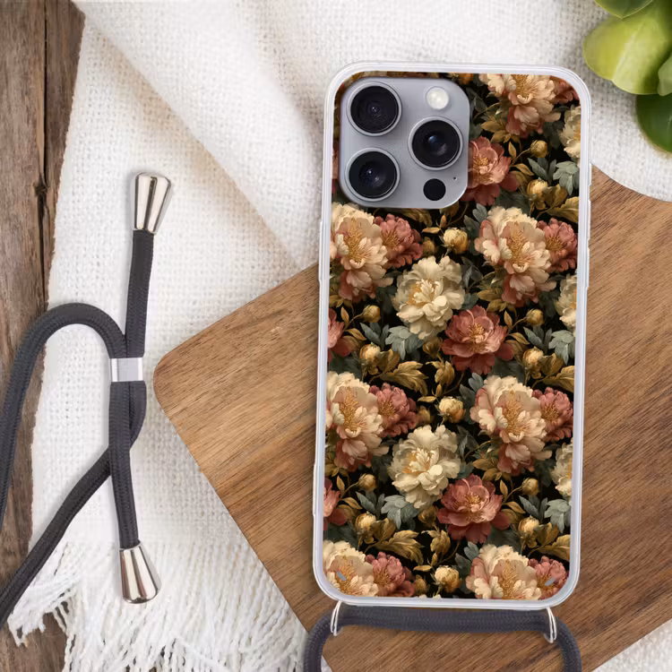 Bloemen - Barok - Patroon - Roze - Crème Hoesje iPhone 16 Pro Max met koord klein 804 -sfeer4