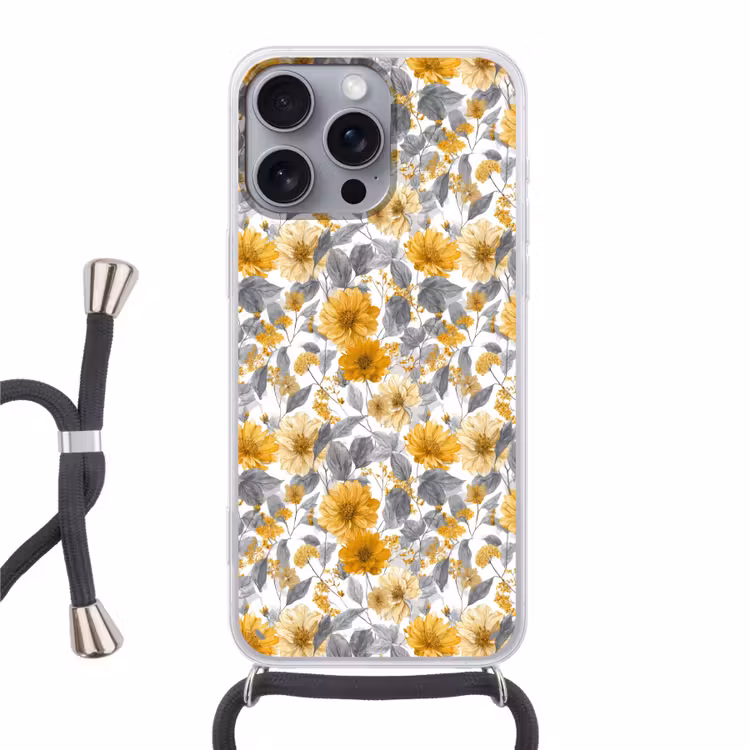 Bloemen - Botanisch - Elegant - Okergeel - Grijs Hoesje iPhone 16 Pro Max met koord klein 804 -3d