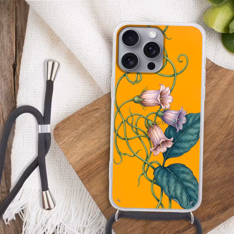 Phone case crossbody - Flowers - Botanical - Yellow - Bloemen - Botanisch - Geel Hoesje iPhone 16 Pro Max met koord klein