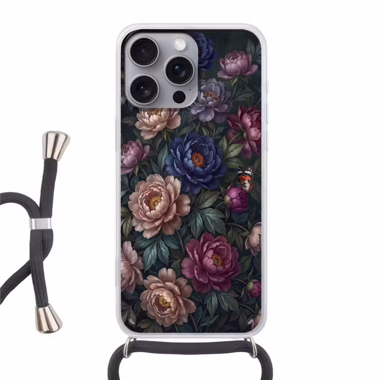 Bloemen - Vlinder - Natuur - Modern - Paars Hoesje iPhone 16 Pro Max met koord klein -3d