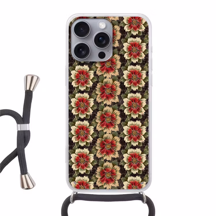 Bloemen - Klassiek - Patroon - Rood Hoesje iPhone 16 Pro Max met koord klein 804 -3d