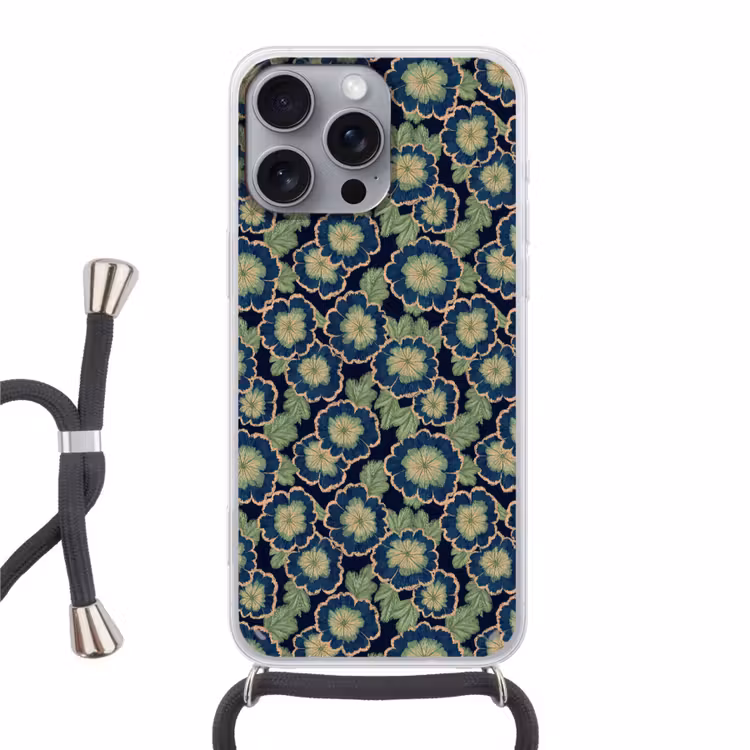 Bloemen - Borduurwerk - Patroon - Blauw - Groen Hoesje iPhone 16 Pro Max met koord klein 804 -3d