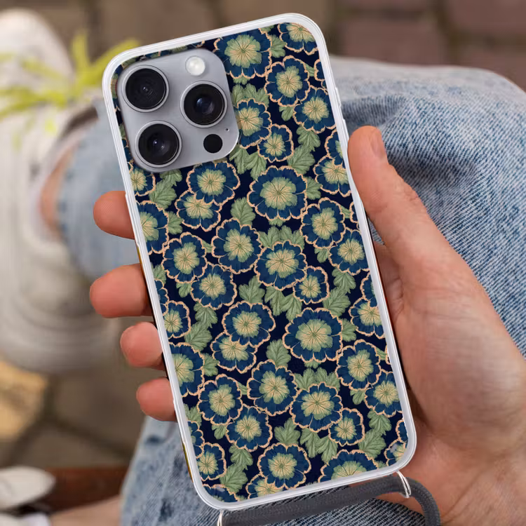 Bloemen - Borduurwerk - Patroon - Blauw - Groen Hoesje iPhone 16 Pro Max met koord klein 804 -sfeer3