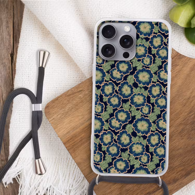 Bloemen - Borduurwerk - Patroon - Blauw - Groen Hoesje iPhone 16 Pro Max met koord klein 804 -sfeer4