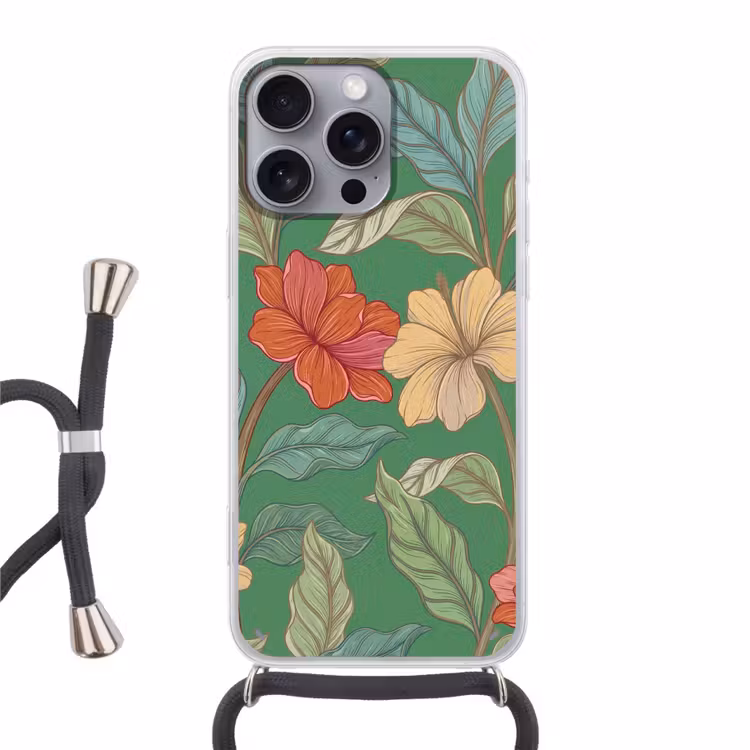 Phone case crossbody - Flowers - Greenery - Illustration - Bloemen - Groen - Illustratie Hoesje iPhone 16 Pro Max met koord klein