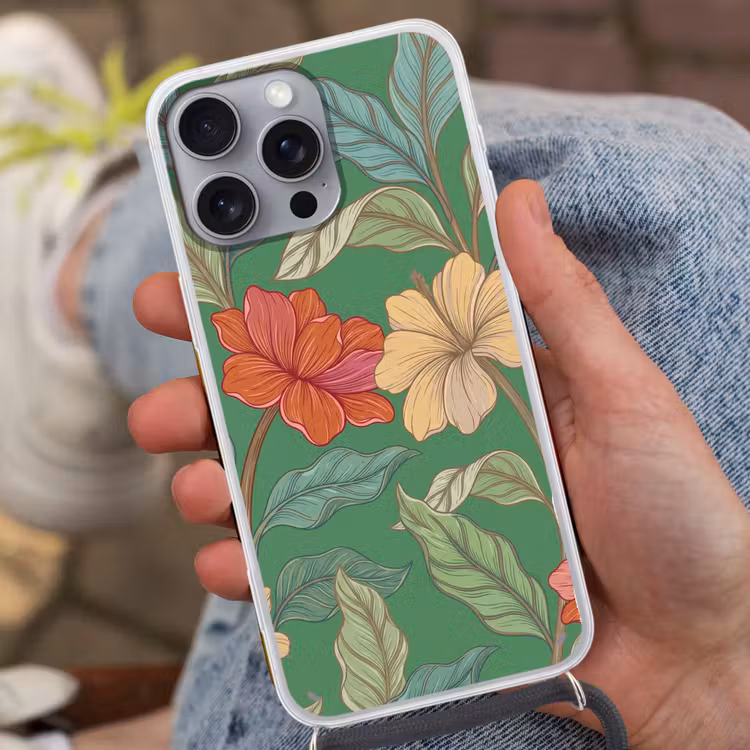 Phone case crossbody - Flowers - Greenery - Illustration - Bloemen - Groen - Illustratie Hoesje iPhone 16 Pro Max met koord klein