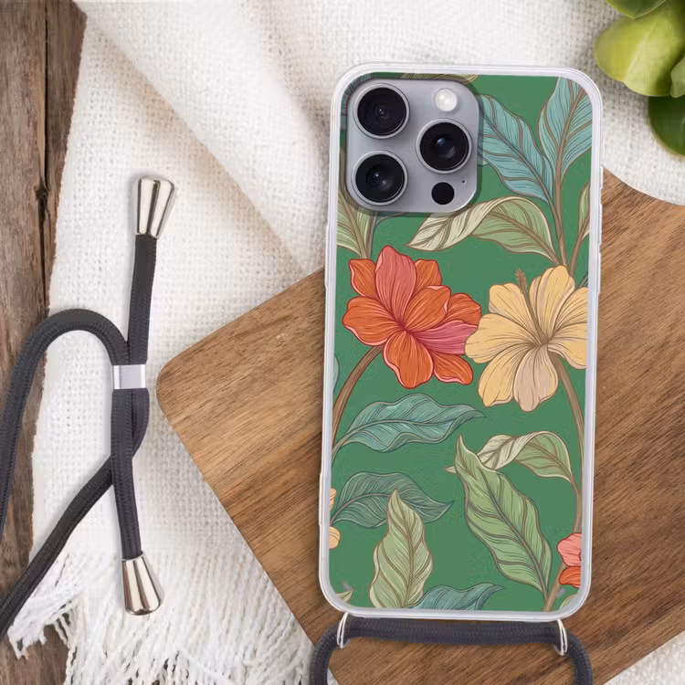 Phone case crossbody - Flowers - Greenery - Illustration - Bloemen - Groen - Illustratie Hoesje iPhone 16 Pro Max met koord klein