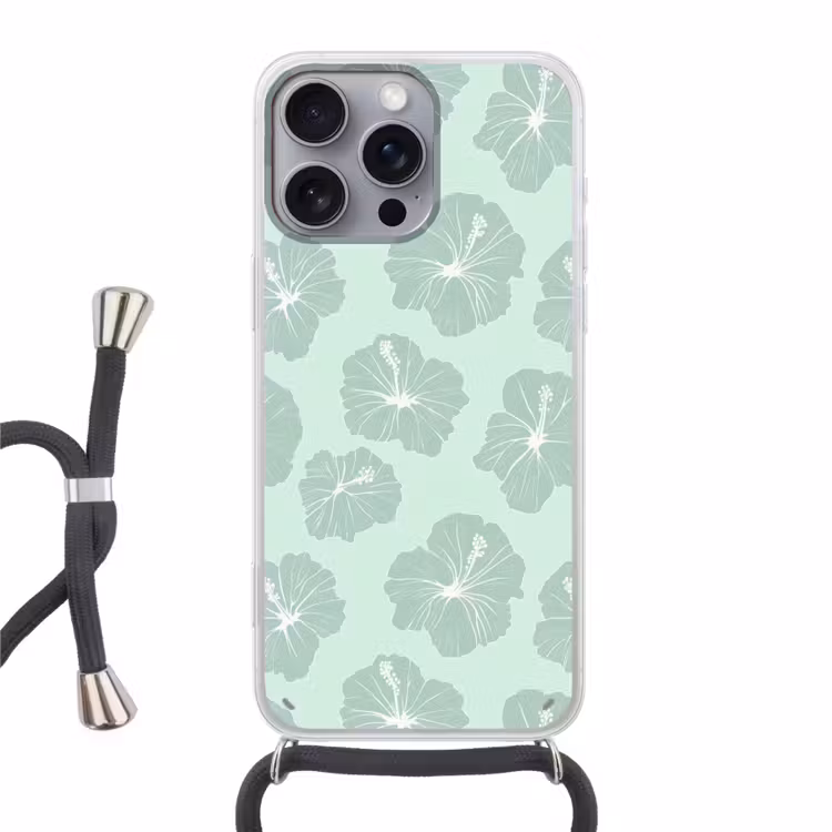 Bloemen - Hibiscus - Mint Hoesje iPhone 16 Pro Max met koord klein 804 -3d