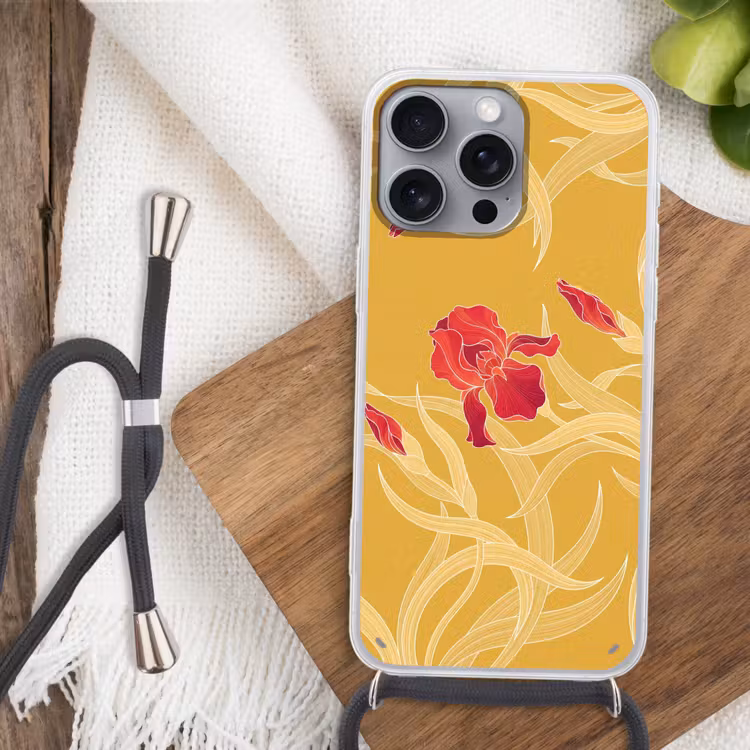 Phone case crossbody - Flowers - Illustration - Red - Bloemen - Illustratie - Rood Hoesje iPhone 16 Pro Max met koord klein