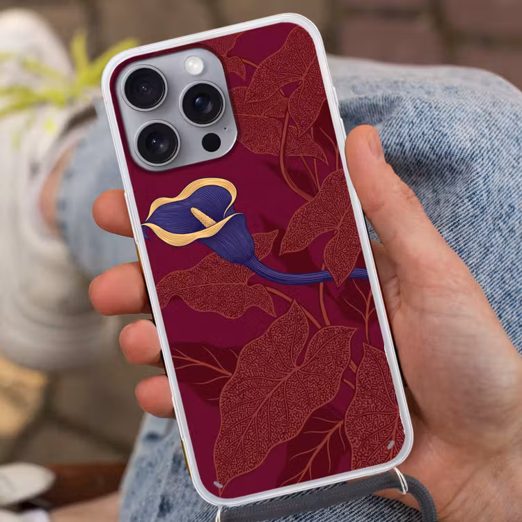 Phone case crossbody - Flowers - Modern - Purple - Bloemen - Modern - Paars Hoesje iPhone 16 Pro Max met koord klein