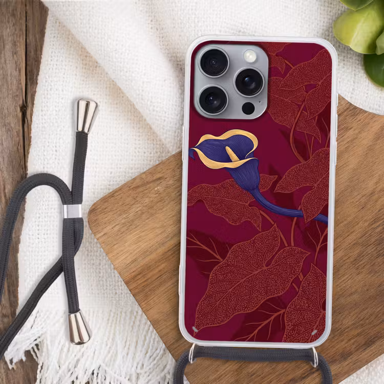 Phone case crossbody - Flowers - Modern - Purple - Bloemen - Modern - Paars Hoesje iPhone 16 Pro Max met koord klein