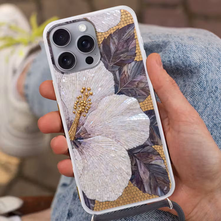 Bloemen - Mozaïek - Kunst - Modern - Goud Hoesje iPhone 16 Pro Max met koord klein -sfeer3