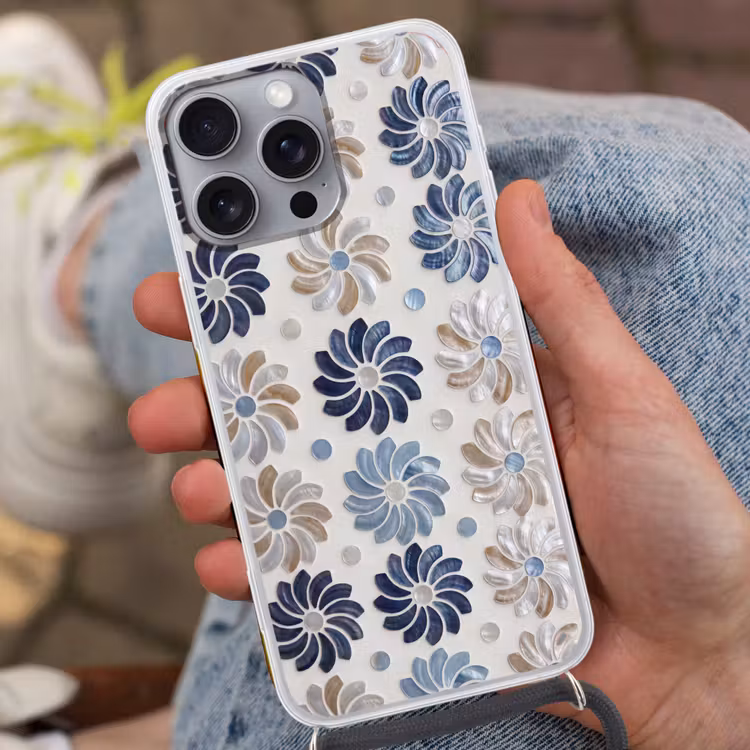 Bloemen - Parelmoer - Abstract - Patroon - Blauw Hoesje iPhone 16 Pro Max met koord klein -sfeer3