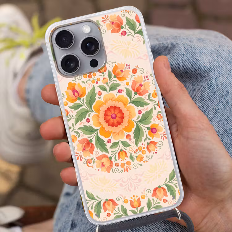 Bloemen - Patroon - Decoratief - Oranje Hoesje iPhone 16 Pro Max met koord klein -sfeer3