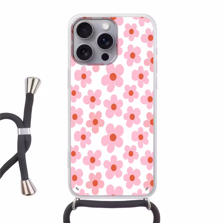 Bloemen - Patroon - Modern - Roze - Wit Hoesje iPhone 16 Pro Max met koord klein -3d