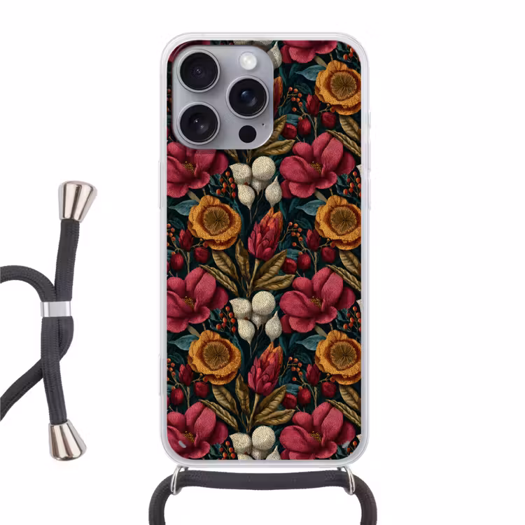 Bloemen - Patroon - Rood - Goud Hoesje iPhone 16 Pro Max met koord klein 804 -3d
