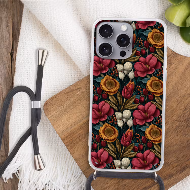 Bloemen - Patroon - Rood - Goud Hoesje iPhone 16 Pro Max met koord klein 804 -sfeer4