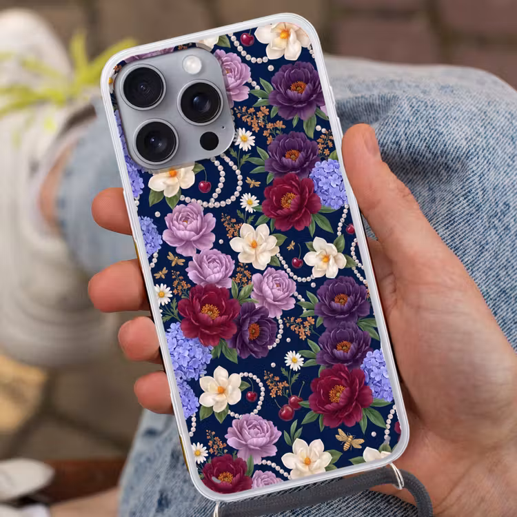 Bloemen - Parels - Decoratie - Modern - Blauw Hoesje iPhone 16 Pro Max met koord klein -sfeer3
