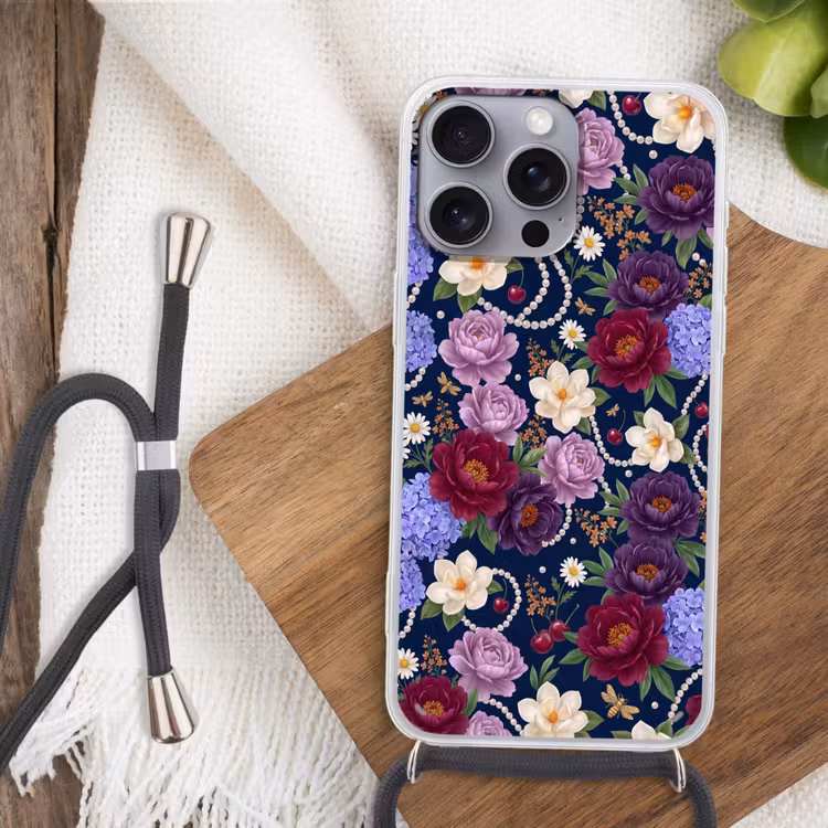 Bloemen - Parels - Decoratie - Modern - Blauw Hoesje iPhone 16 Pro Max met koord klein -sfeer4