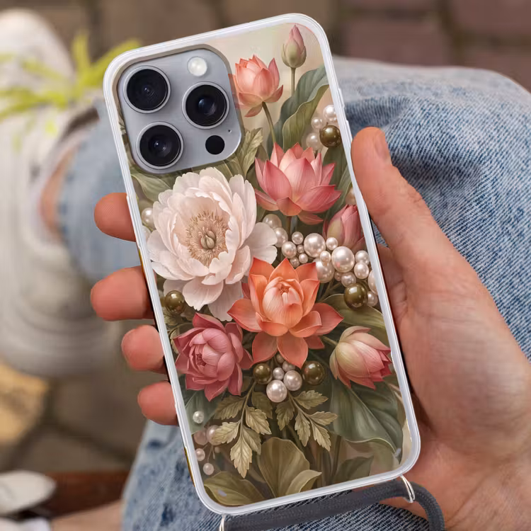 Bloemen - Parels - Elegant - Roze - Wit Hoesje iPhone 16 Pro Max met koord klein -sfeer3
