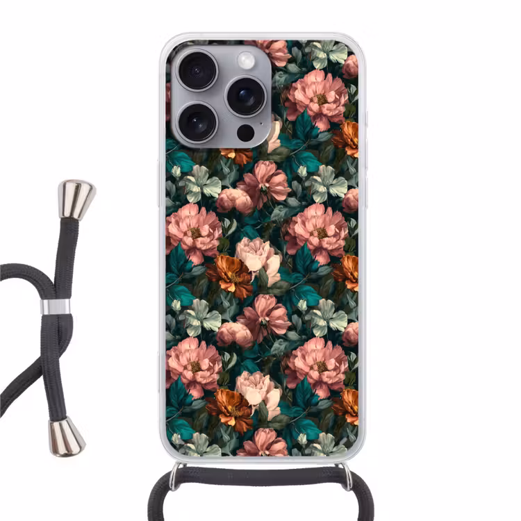 Bloemen - Schilderachtig - Patroon - Roze Hoesje iPhone 16 Pro Max met koord klein 804 -3d
