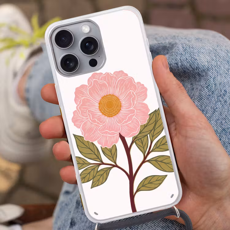 Phone case crossbody - Flowers - Pink - Illustration - Bloemen - Roze - Illustratie Hoesje iPhone 16 Pro Max met koord klein