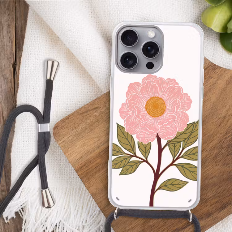 Phone case crossbody - Flowers - Pink - Illustration - Bloemen - Roze - Illustratie Hoesje iPhone 16 Pro Max met koord klein