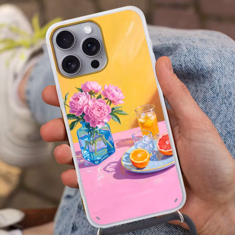 Phone case crossbody - Flowers - Pink - Modern - Bloemen - Roze - Modern Hoesje iPhone 16 Pro Max met koord klein