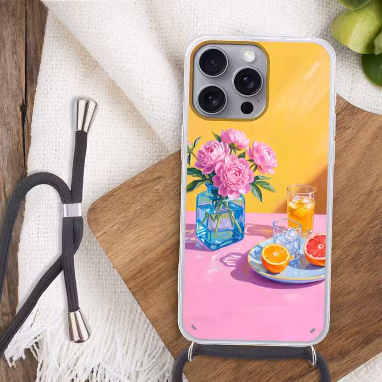 Phone case crossbody - Flowers - Pink - Modern - Bloemen - Roze - Modern Hoesje iPhone 16 Pro Max met koord klein