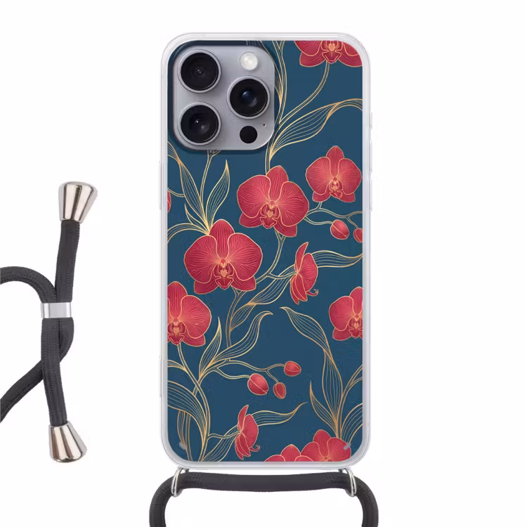 Phone case crossbody - Flowers - Red - Gold - Bloemen - Rood - Goud Hoesje iPhone 16 Pro Max met koord klein