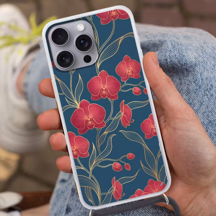 Phone case crossbody - Flowers - Red - Gold - Bloemen - Rood - Goud Hoesje iPhone 16 Pro Max met koord klein