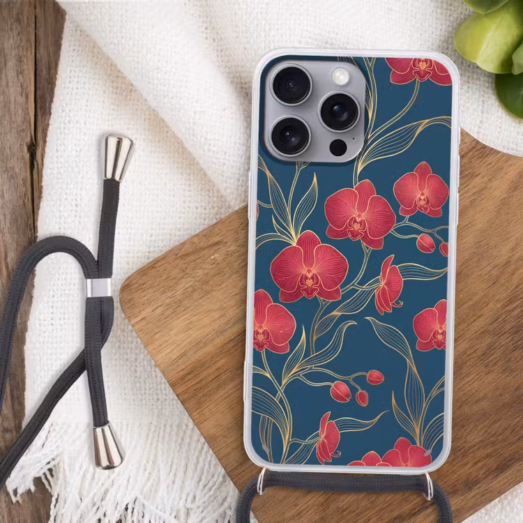 Phone case crossbody - Flowers - Red - Gold - Bloemen - Rood - Goud Hoesje iPhone 16 Pro Max met koord klein