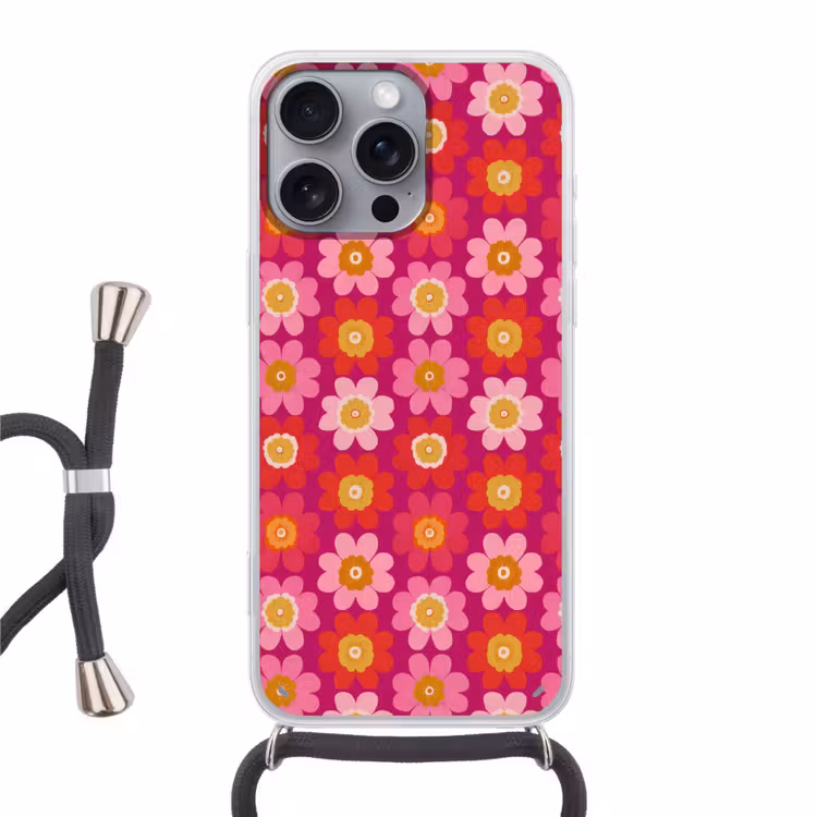 Bloemen - Retro - Kleurrijk Hoesje iPhone 16 Pro Max met koord klein 804 -3d