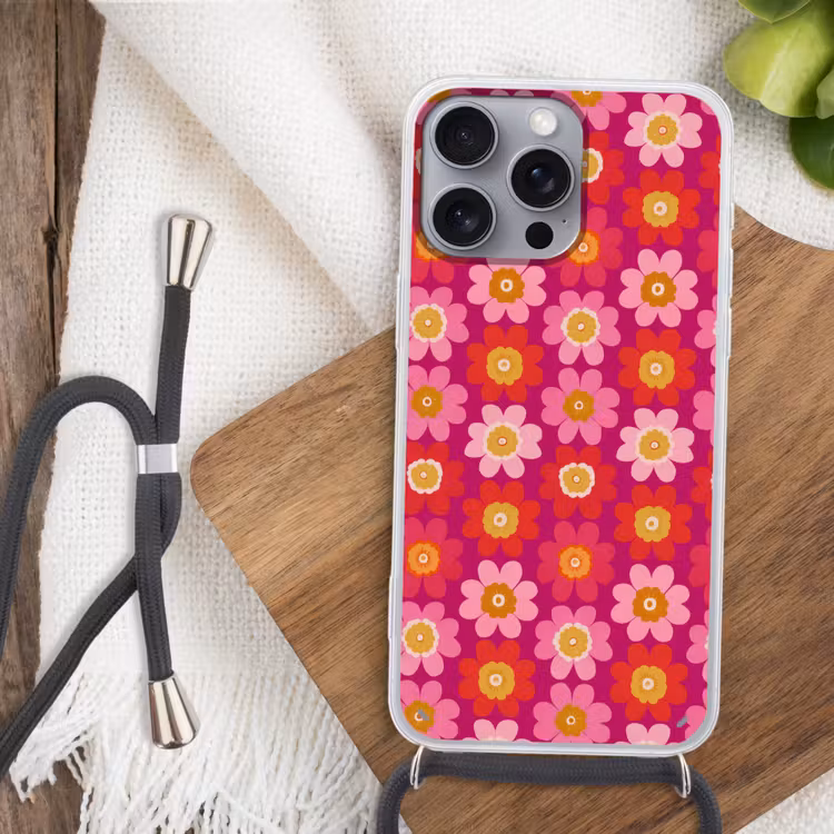 Bloemen - Retro - Kleurrijk Hoesje iPhone 16 Pro Max met koord klein 804 -sfeer4