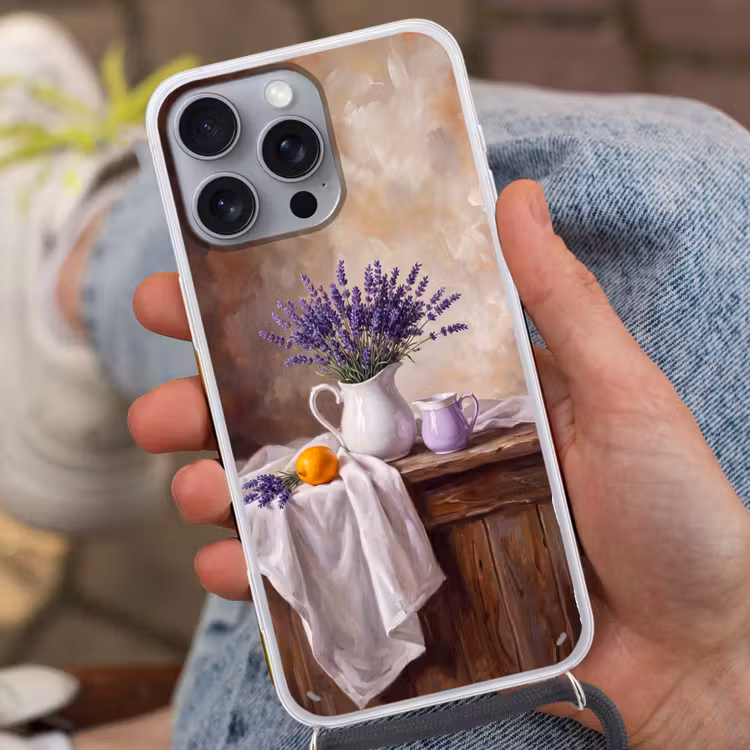 Phone case crossbody - Flowers - Still Life - Purple - Bloemen - Stilleven - Paars Hoesje iPhone 16 Pro Max met koord klein