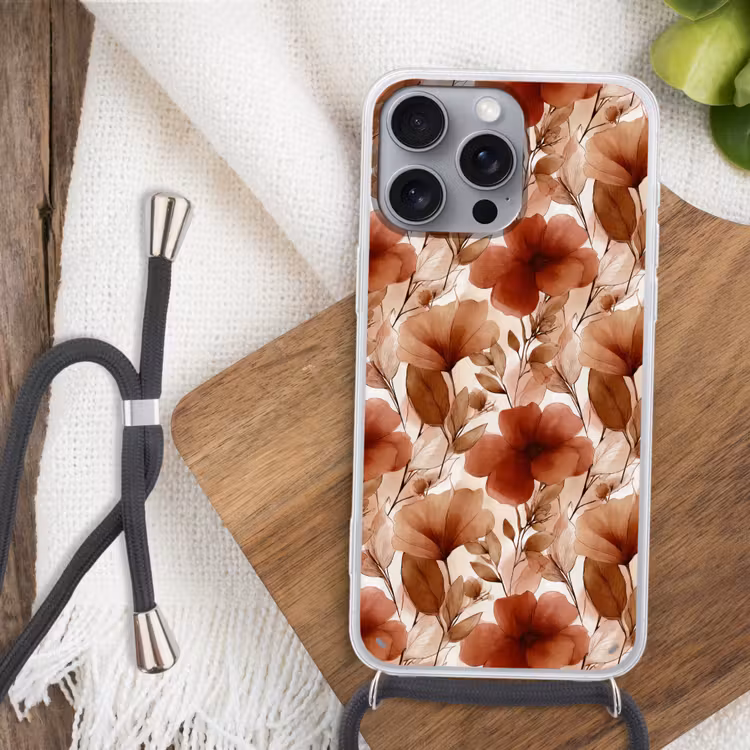 Bloemen - Aquarel - Botanisch - Terracotta Hoesje iPhone 16 Pro Max met koord klein 804 -sfeer4