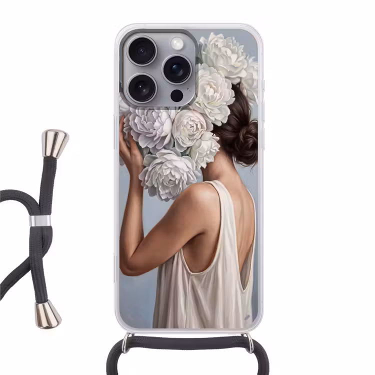 Bloemen - Vrouw - Wit Hoesje iPhone 16 Pro Max met koord klein -3d