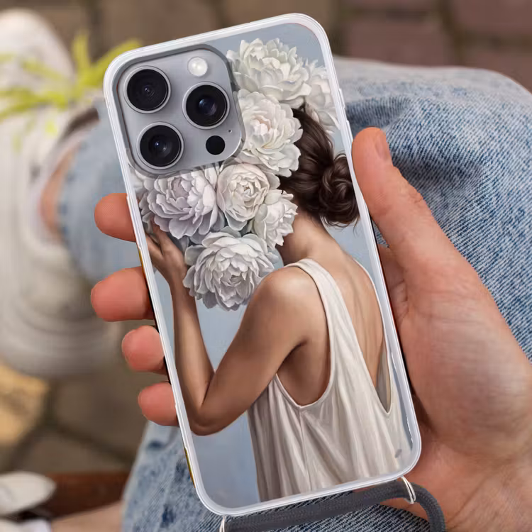 Bloemen - Vrouw - Wit Hoesje iPhone 16 Pro Max met koord klein -sfeer3