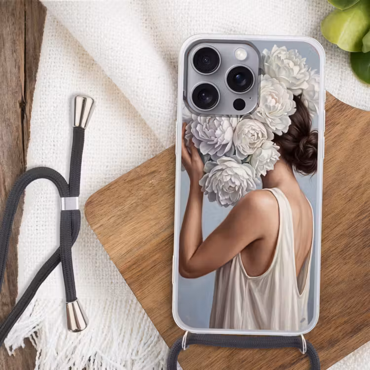 Bloemen - Vrouw - Wit Hoesje iPhone 16 Pro Max met koord klein -sfeer4