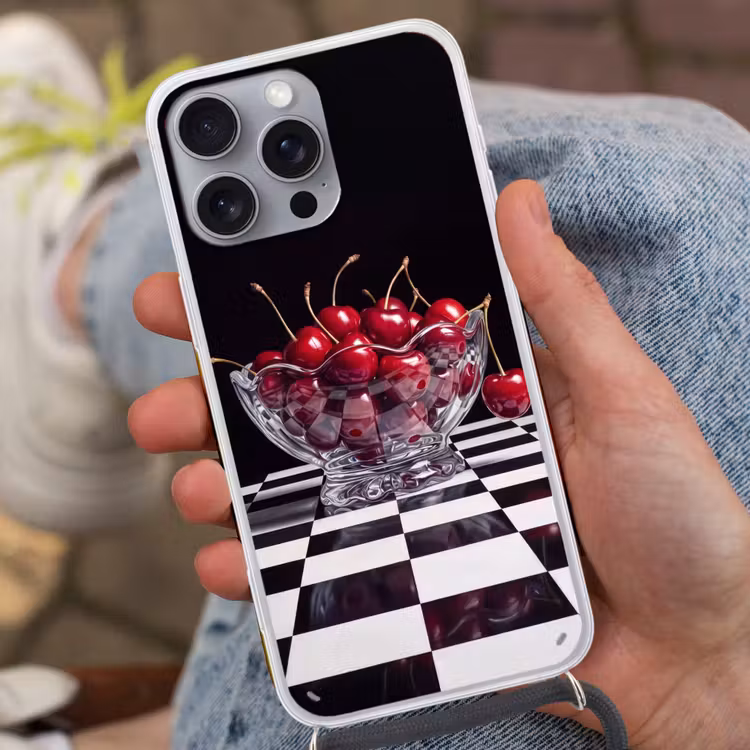 Phone case crossbody - Food - Cherries - Red - Eten - Kersen - Rood Hoesje iPhone 16 Pro Max met koord klein