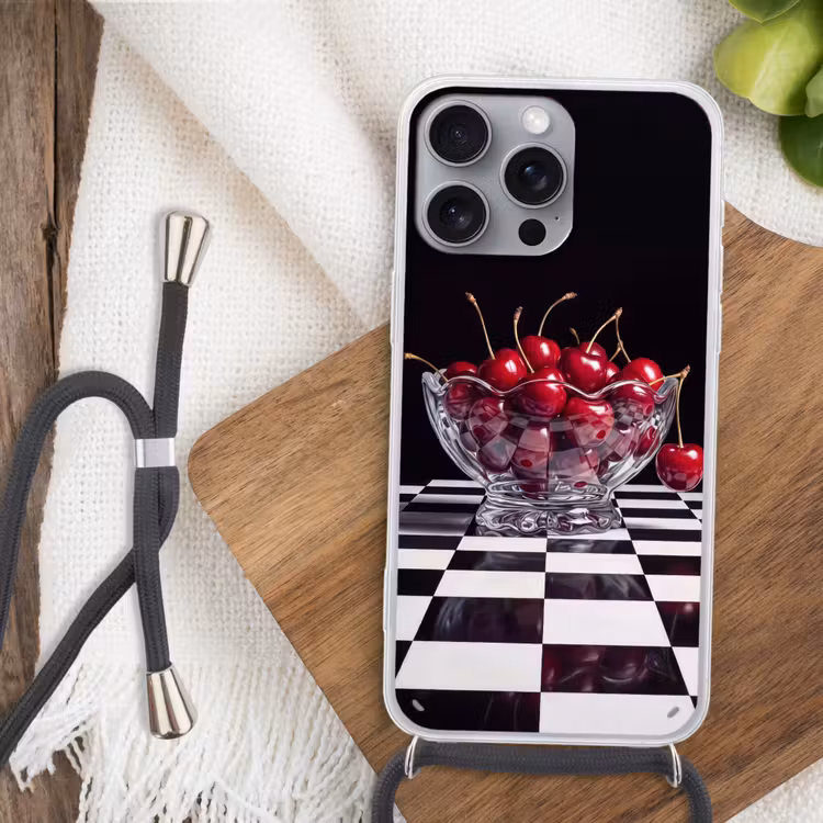 Phone case crossbody - Food - Cherries - Red - Eten - Kersen - Rood Hoesje iPhone 16 Pro Max met koord klein