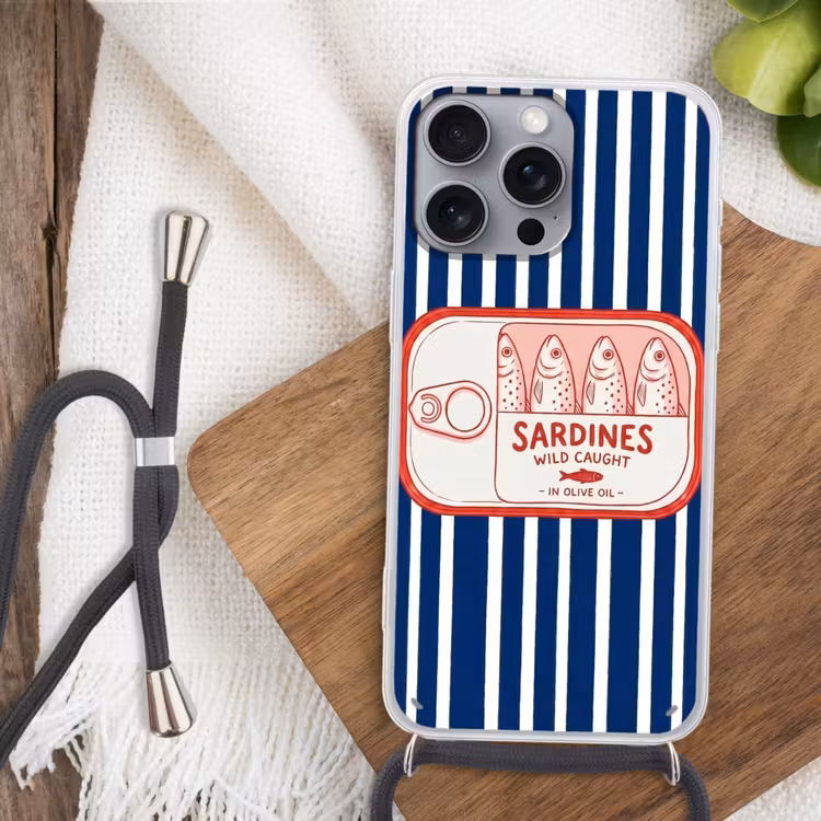 Eten - Vis - Blik - Illustratie - Rood Hoesje iPhone 16 Pro Max met koord klein -sfeer4