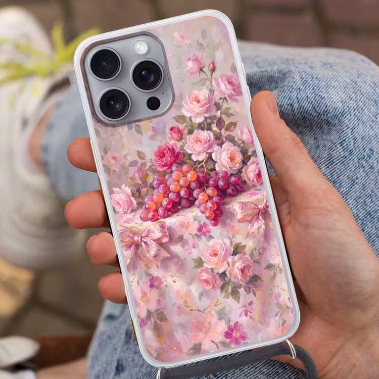 Eten - Bloemen - Stilleven - Roze - Goud Hoesje iPhone 16 Pro Max met koord klein -sfeer3
