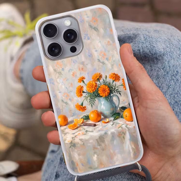 Phone case crossbody - Food - Orange - Art - Eten - Oranje - Kunst Hoesje iPhone 16 Pro Max met koord klein