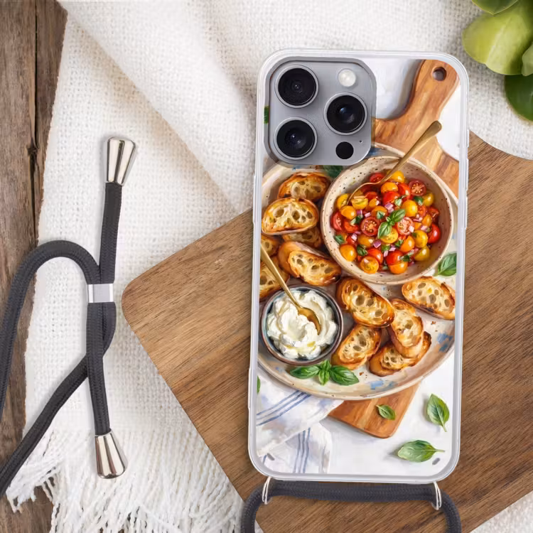 Eten - Tomaat - Brood - Kleurrijk - Keuken Hoesje iPhone 16 Pro Max met koord klein -sfeer4