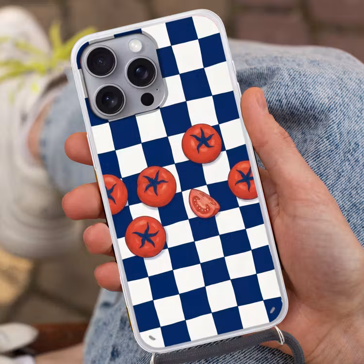 Eten - Tomaten - Keuken - Illustratie - Rood-Blauw Hoesje iPhone 16 Pro Max met koord klein -sfeer3