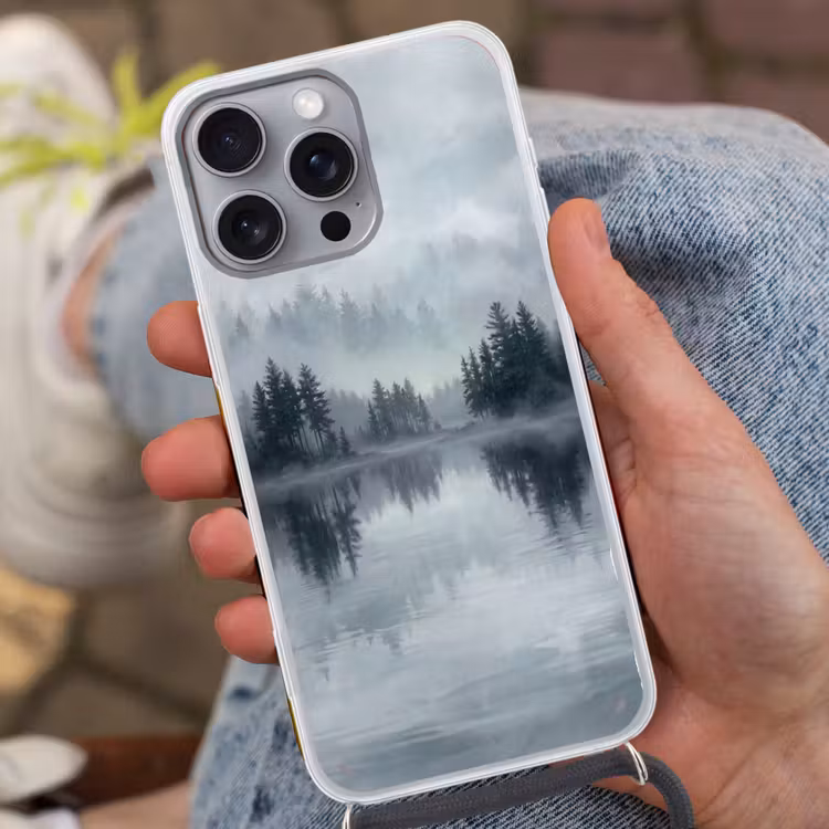 Bos - Meer - Mist - Natuur - Grijs Hoesje iPhone 16 Pro Max met koord klein -sfeer3
